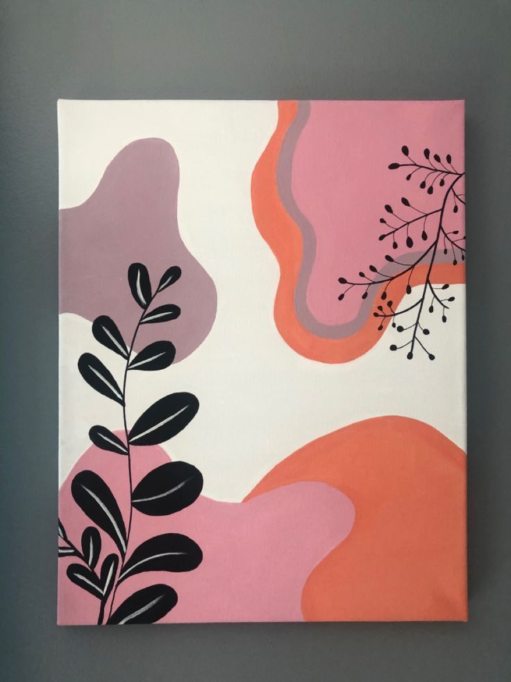 an abstract painting with pink, orange and black leaves on white paper in the background