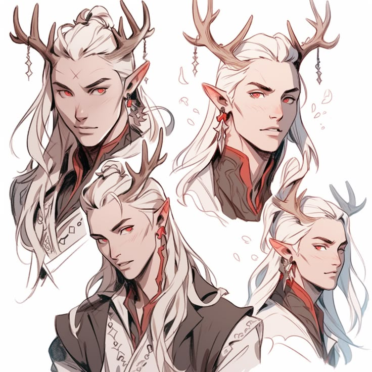 four different poses of an elf with horns and deer antlers on their head, one is