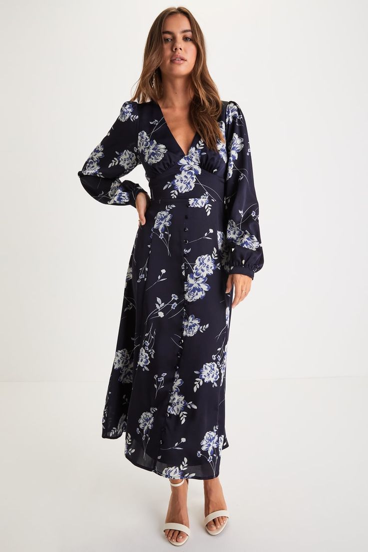 Navy Blue Midi Dress - Navy Floral Dress - Button-Front Dress - Lulus Long Sleeve Blue Bridesmaid Dress, Elegant Blue Floral Long Sleeve Dress, Elegant Blue Printed Maxi Dress, Elegant Blue Long Sleeve Floral Dress, Elegant Long Sleeve Blue Floral Dress, Elegant Blue Printed Dress, Blue Floral Long Sleeve Flowy Dress, Blue Fitted Floral Dress With Long Sleeves, Fitted Blue Floral Long Sleeve Dress