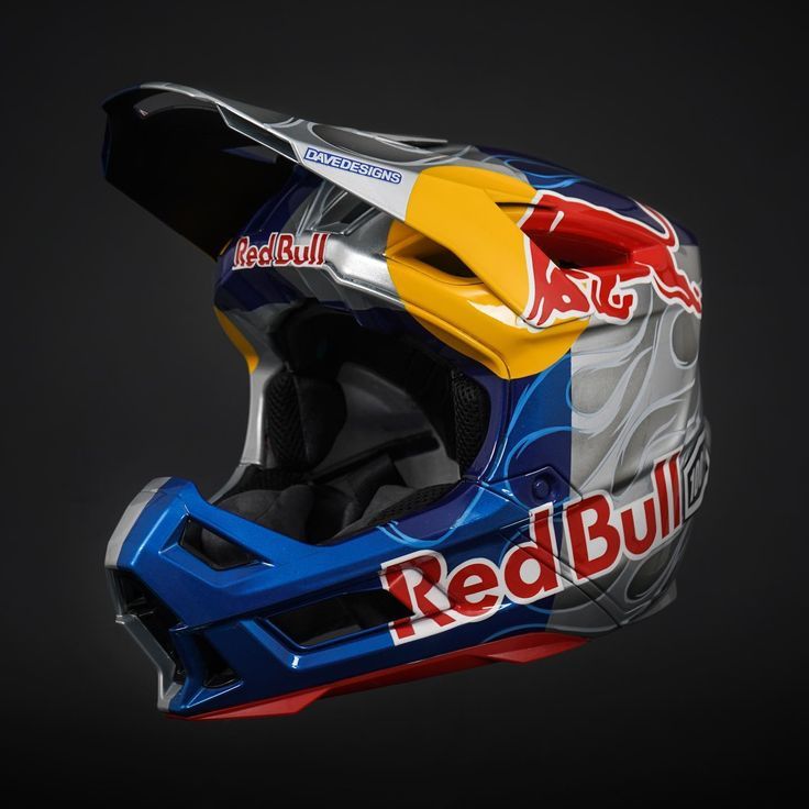 the helmet is designed to look like it has red bull painted on it's side