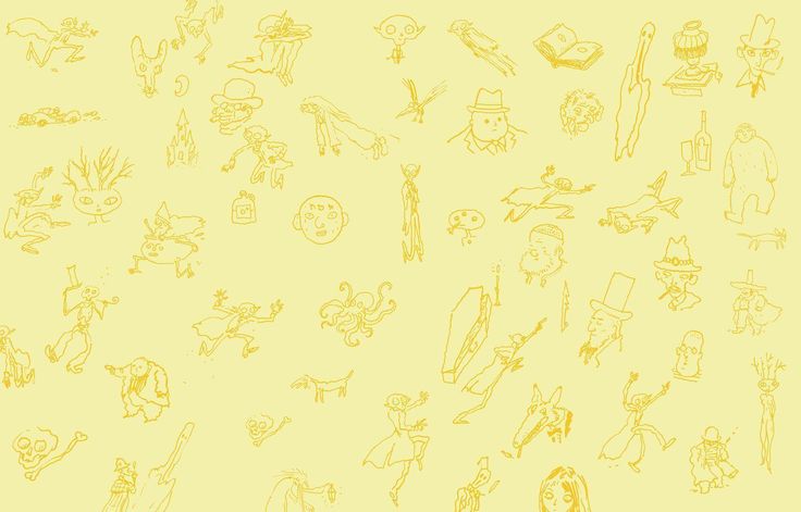 a yellow background with many different cartoon characters and animals on it's side, all drawn in one single line