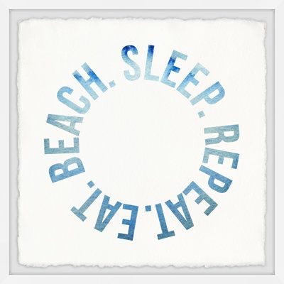 the words beach sleep live in blue on a white paper with a circular design around it