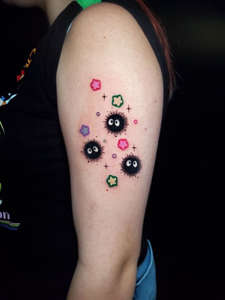 a woman's arm with an eyeball tattoo design on the upper half of her arm