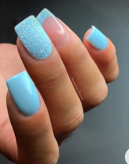 Blue Gel Nails, Blue Glitter Nails, Baby Blue Nails, Blue Acrylic Nails, French Tip Acrylic Nails, Blue French, Cute Gel Nails, Blue Nail, Dipped Nails