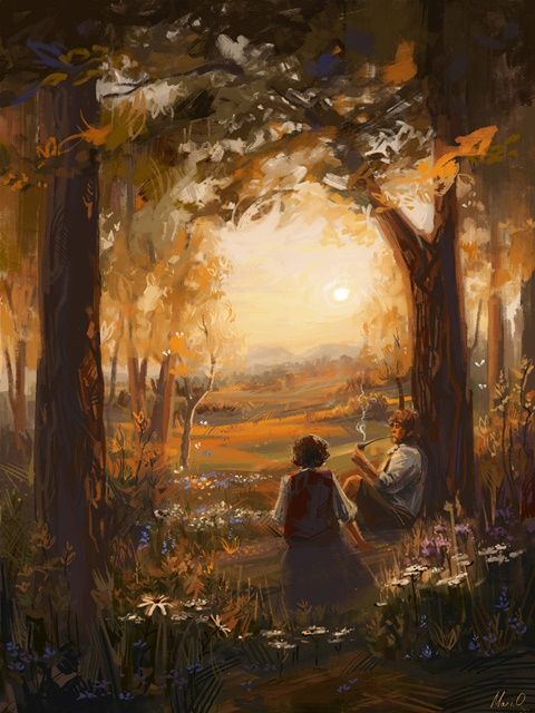 an oil painting of two people sitting in the woods looking at the sun through trees