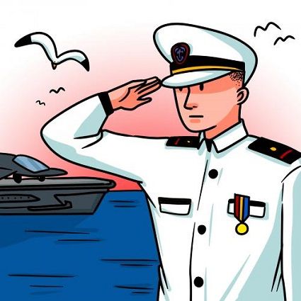 a sailor saluting in front of a boat