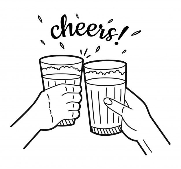 two hands holding glasses with cheers written on the top and bottom, in black ink