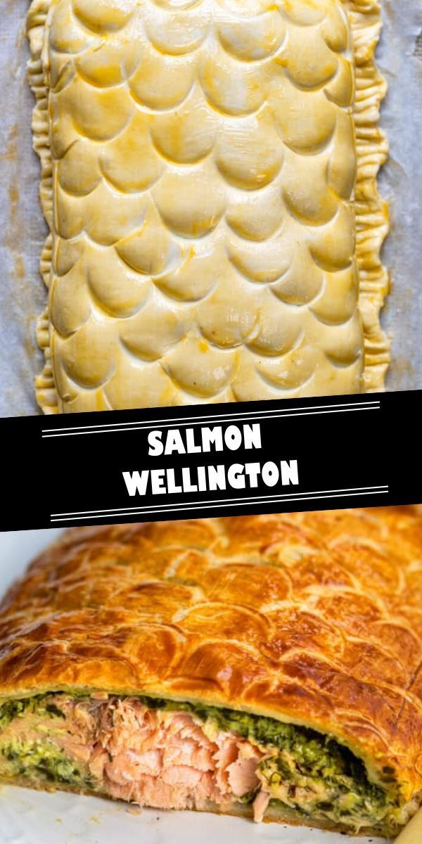 salmon wellington pie is cut in half and ready to be eaten with the crust removed