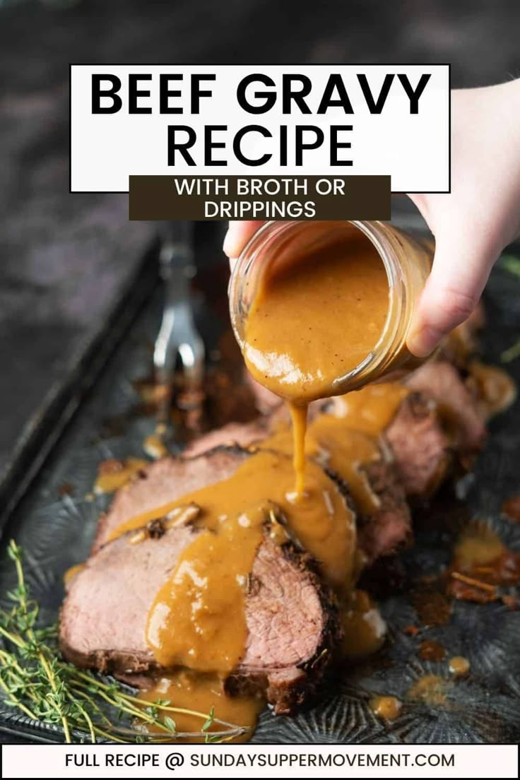 a person pouring gravy on top of some meat with dipping sauce over it