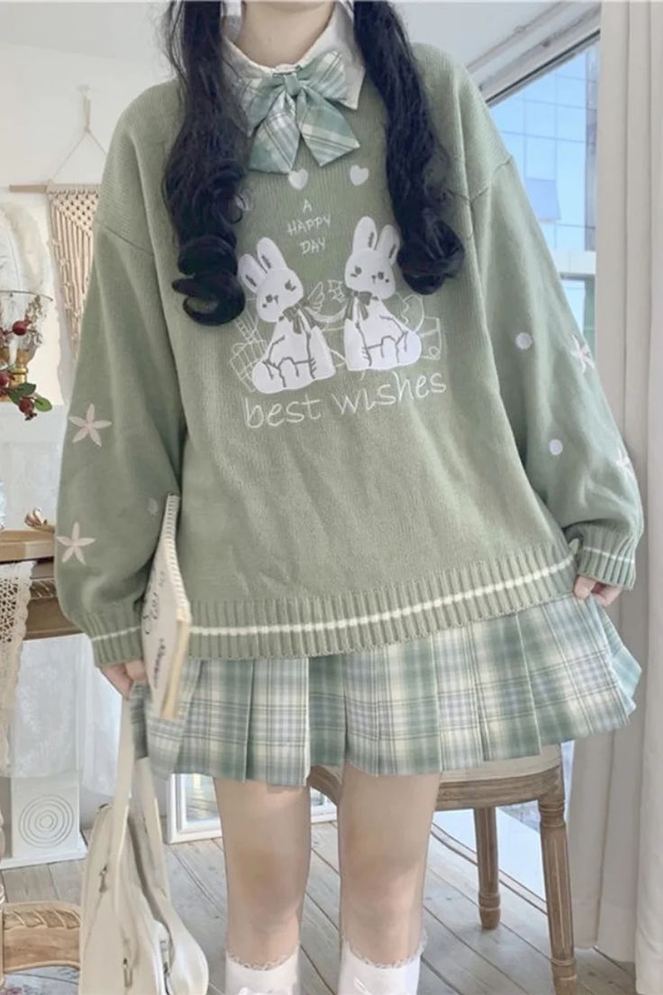 Cute Rabbit Pattern Green Knitted Sweater – Tomscloth Sweaters For Skirts, Cute Aesthetic Style Outfits, Cute Clothes Pictures, Cottage Core Mushroom Outfit, Green Cute Outfits Korean, Soft Colored Outfits, Cute Art Clothes, Aesthetic Softie Outfits, Kawaii Sweater Outfits