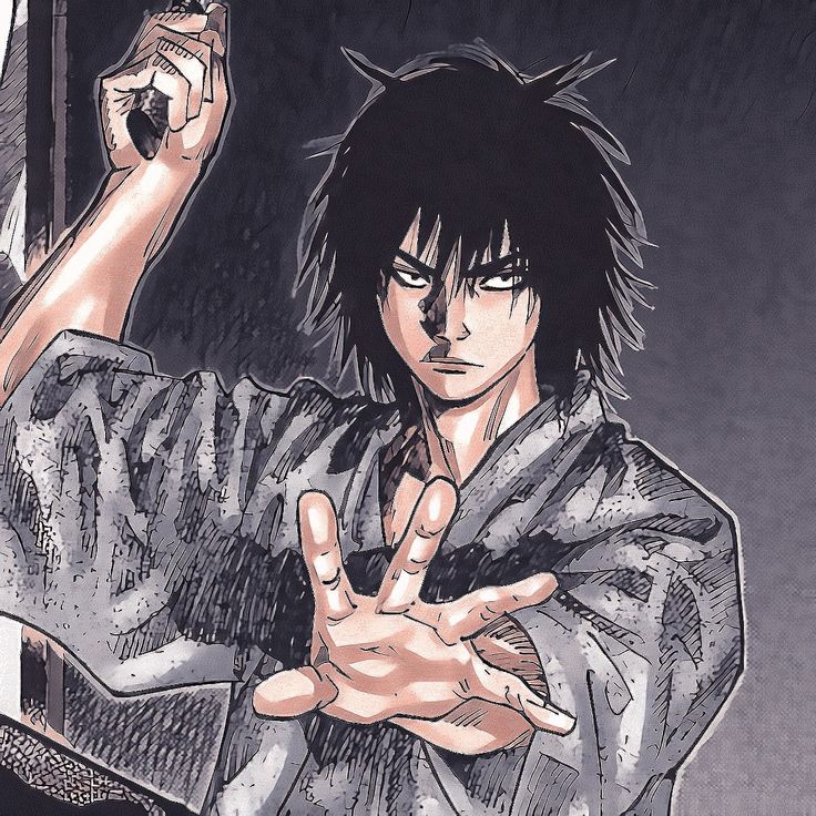 an anime character with black hair holding his hand up in the air and pointing at something