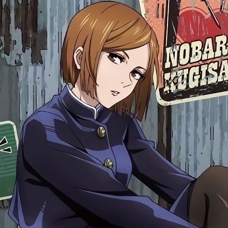 an anime character sitting in front of a sign that reads nobaba kugasa