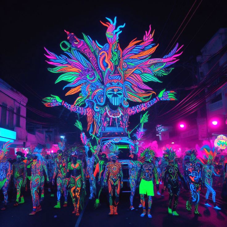 a group of people standing next to each other in front of a car covered in neon lights