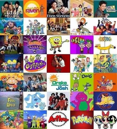 many cartoon characters are shown in this collage with different colors and logos on them