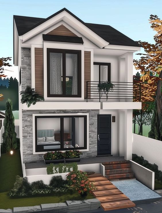 Simple House Exterior, Bloxburg House Builds, Modern Suburban House, Roblox Bloxburg House Ideas, Bangunan Minecraft, House Decorating Ideas Apartments, Small House Layout, Simple Bedroom Design, Tiny House Layout