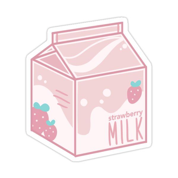 a pink milk carton sticker with strawberries on the front and bottom that says, strawberry milk