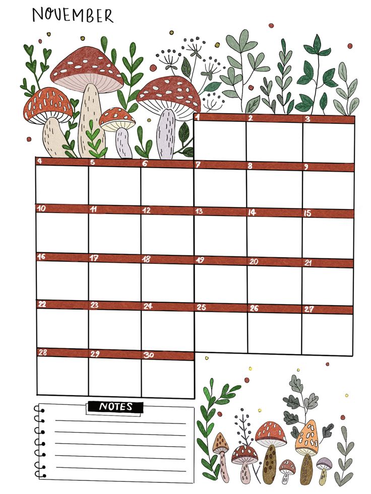 a calendar with mushrooms and plants on it