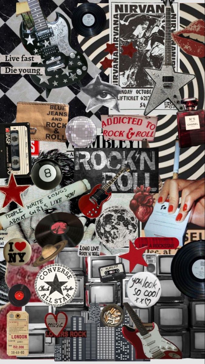 a collage of various items and stickers on top of each other in black and white