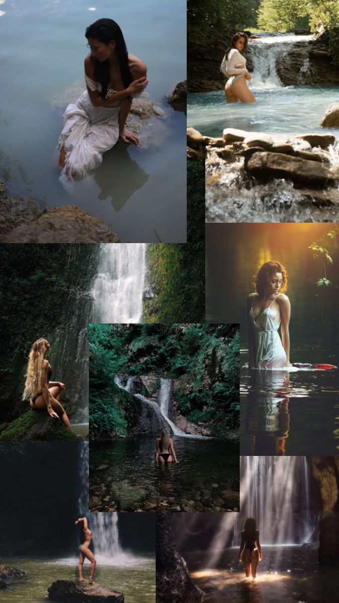 many different pictures of women in the water and trees, with one woman sitting on rocks