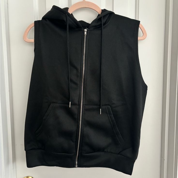 Brand New Shein Vest! Never Ended Up Wearing It. Size Small Hooded Full-Zip Vest Black Hoodie With Zipper Closure For Spring, Black Hoodie With Zipper For Spring, Black Hooded Top With Zipper Closure, No Sleeves Jacket, Shein Vest, No Sleeve Jacket, Vest With Hoodie, Closed Species, Shein Jackets