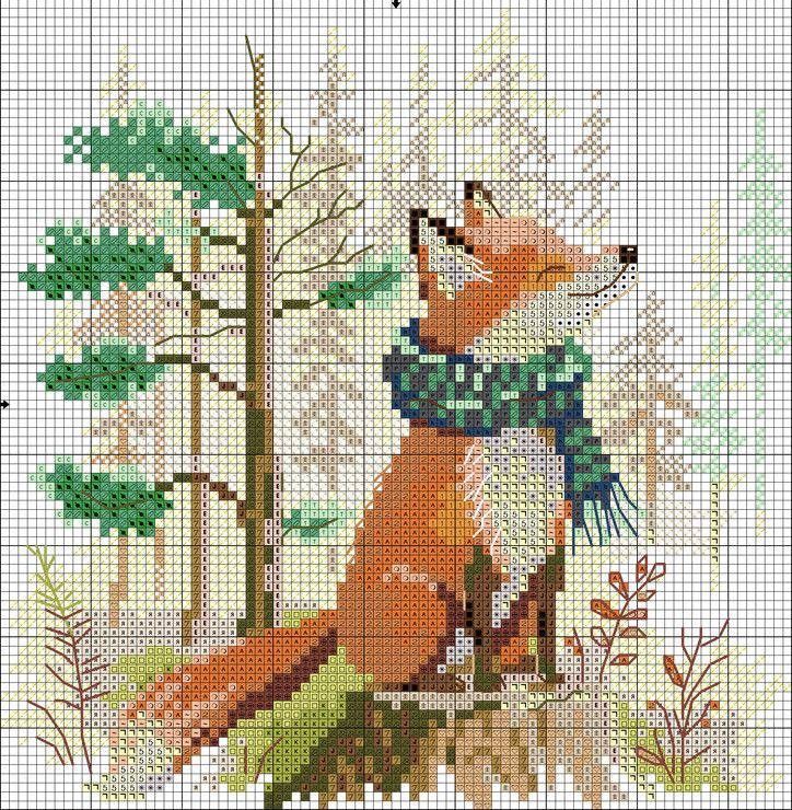 a cross stitch pattern with a fox in the woods