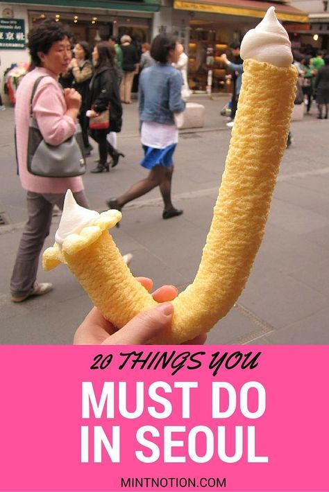 a person holding up a banana peel with the words, 20 things you must do in seoul