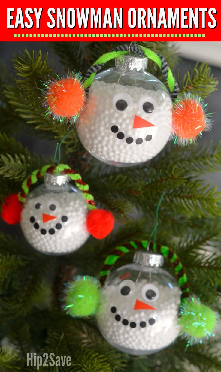 christmas ornament ornaments hanging from a tree with text overlay that says easy snowman ornaments