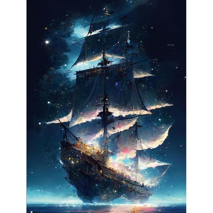 a painting of a ship floating in the ocean at night with stars and clouds above it