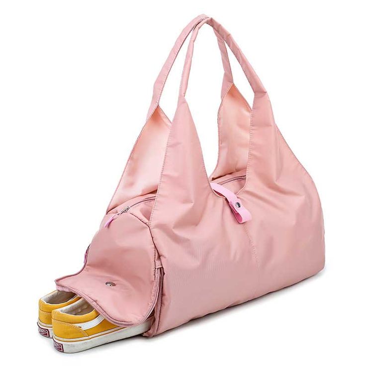 a pink bag with yellow shoes on the bottom