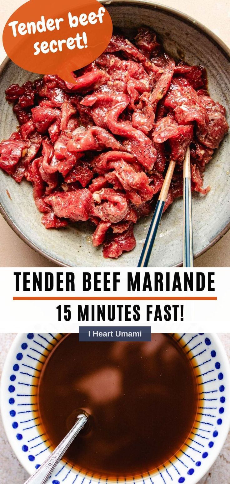 tender beef marinade in a bowl with chopsticks next to it and the text tender beef marinade 15 minutes fast