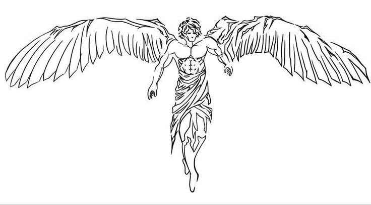 an angel with outstretched wings is shown in this black and white drawing, it looks like the