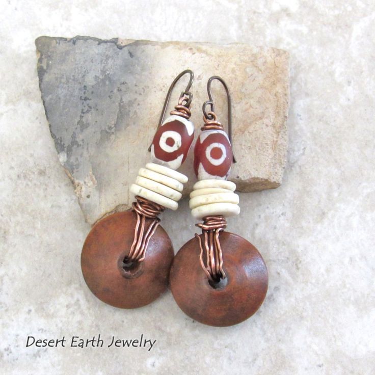 These Earrings Have An Earthy Boho Style With A Touch Of Tribal Flair And Feature Brown Wood Beads Wire Wrapped In Copper Wire Accented With African Agate Stones With An Etched Pattern. Slices Of Ostrich Egg Shell Beads Add A Nice Contrast. Brand New - Never Worn - Handmade By Me. Measurements: Total Length: 2-1/8” From Top Of Niobium (Hypoallergenic) Ear Wires And 3/4" At Widest Point. Boho Earrings Diy, African Trade Bead Jewelry, Copper Earrings Handmade, African Inspired Jewelry, Earth Jewelry, Neutral Earrings, Ostrich Egg, Starburst Earrings, Silver Flower Earrings