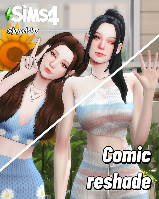 two animated women standing next to each other with the caption comic reshade