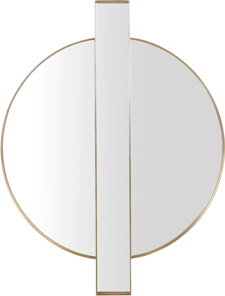 a white and gold circular mirror with two lines at the bottom, on a white background