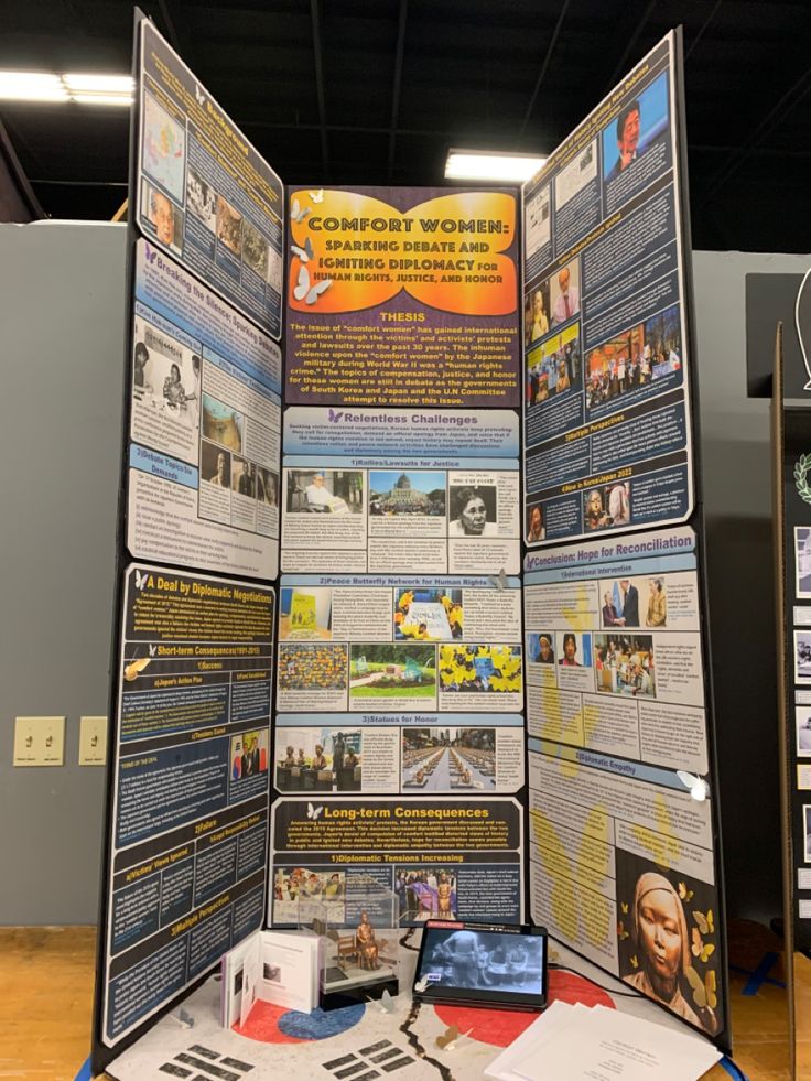 an informational poster is displayed on a table in front of other informational displays