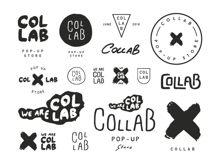 various logos and stickers are shown in black on a white background with the words collab