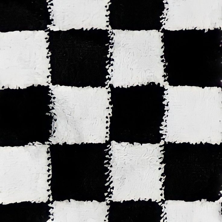 a black and white checkered rug is shown in close up, it looks like the fabric has been cut into squares