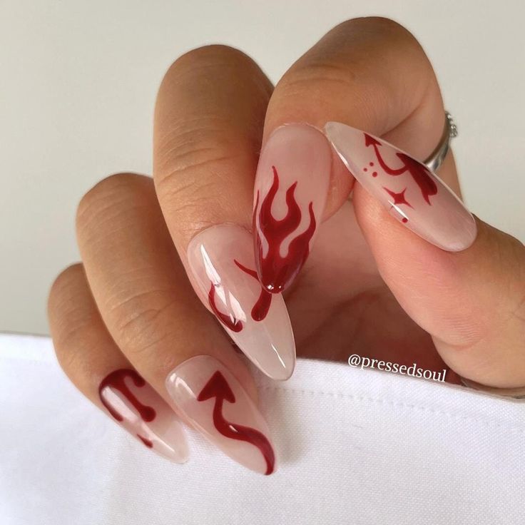 Fall Nail Simple, Gel Nail Designs Halloween, Satanic Nail Art, Devil Nails Designs, Almond Halloween Nail Designs, Almond Nails Halloween, Freestyle Nail Art, Halloween Nails Red, Red Halloween Nails