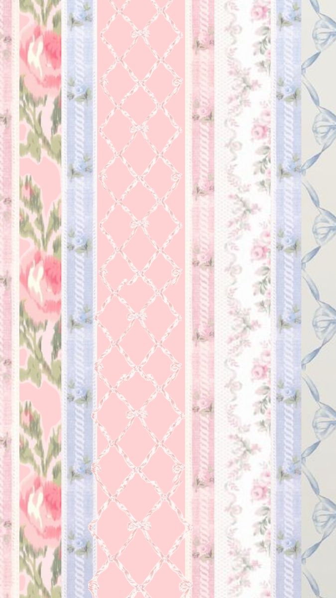 a pink and blue striped wallpaper with flowers