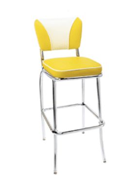 a yellow and white bar stool on a white background with the seat upholstered