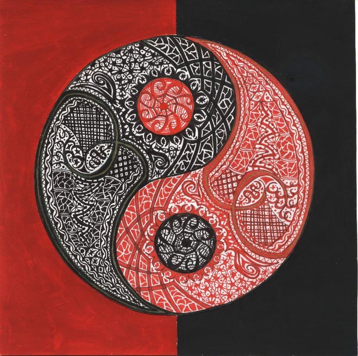 the yin symbol is painted in red, black and white on an orange background with intricate designs