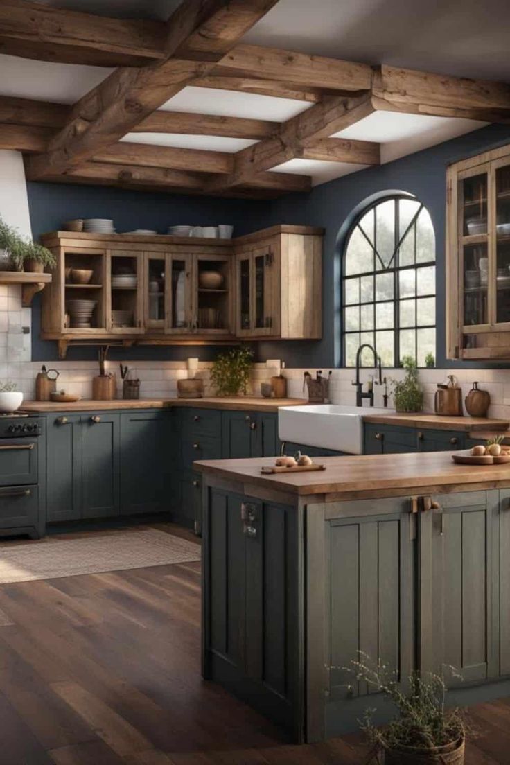 a large kitchen with wooden floors and blue walls, wood beams on the ceiling and cabinets