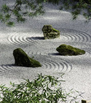 some rocks and plants in the middle of a rock garden with raked stones on it