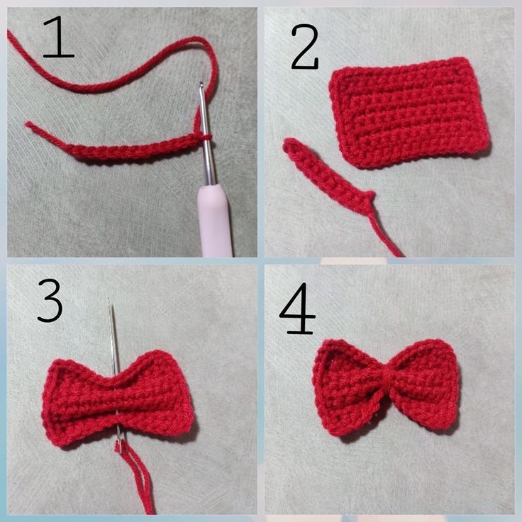 instructions to crochet a red bow for a headband or hair piece with yarn