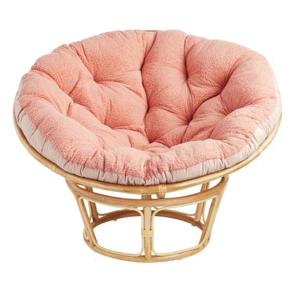 a round chair with a pink cushion on the top and bottom, in front of a white background