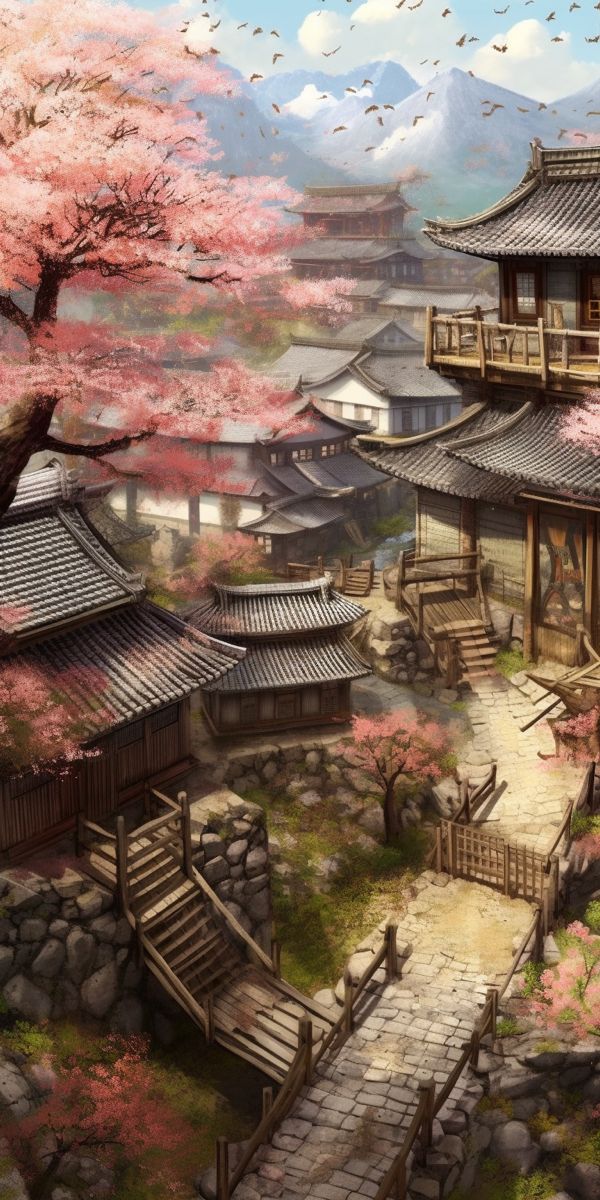 Japanese Fantasy Art, Fantasy Art Landscape, Chinese Countryside, Japan Village, Gokayama, Medieval Japanese, Medieval Japan, Japanese Background, Japanese Town