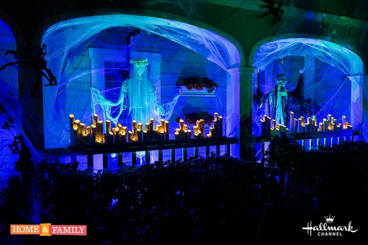 an outdoor area with blue lights and decorations