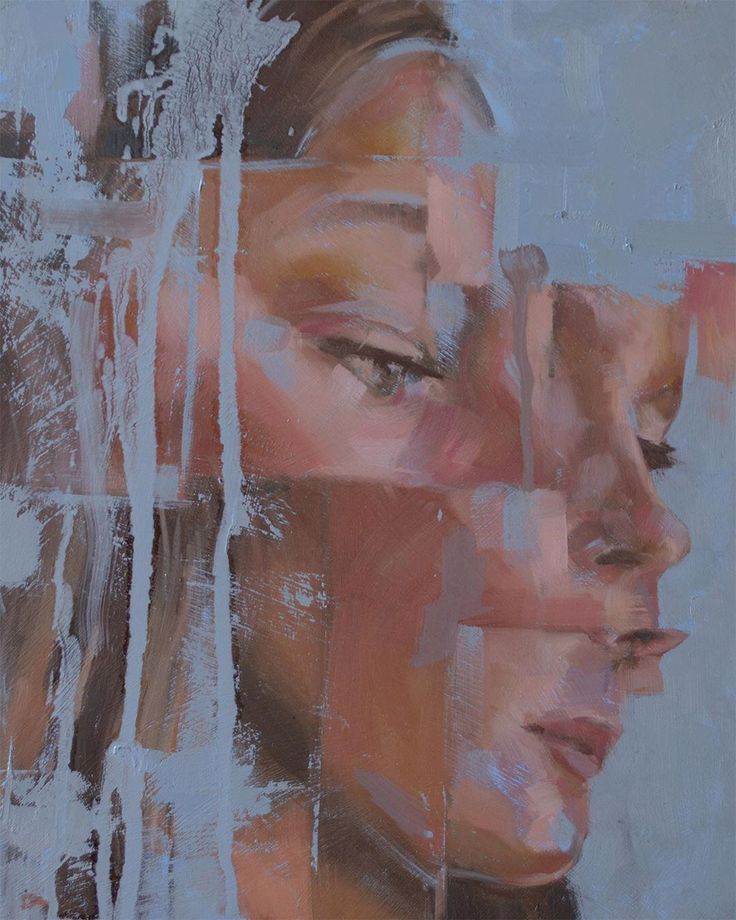 an abstract painting of two women's faces, one with her eyes closed and the other without