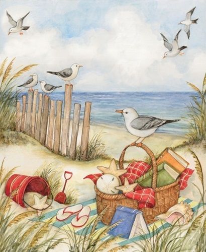 a painting of seagulls and birds on the beach with a basket full of items