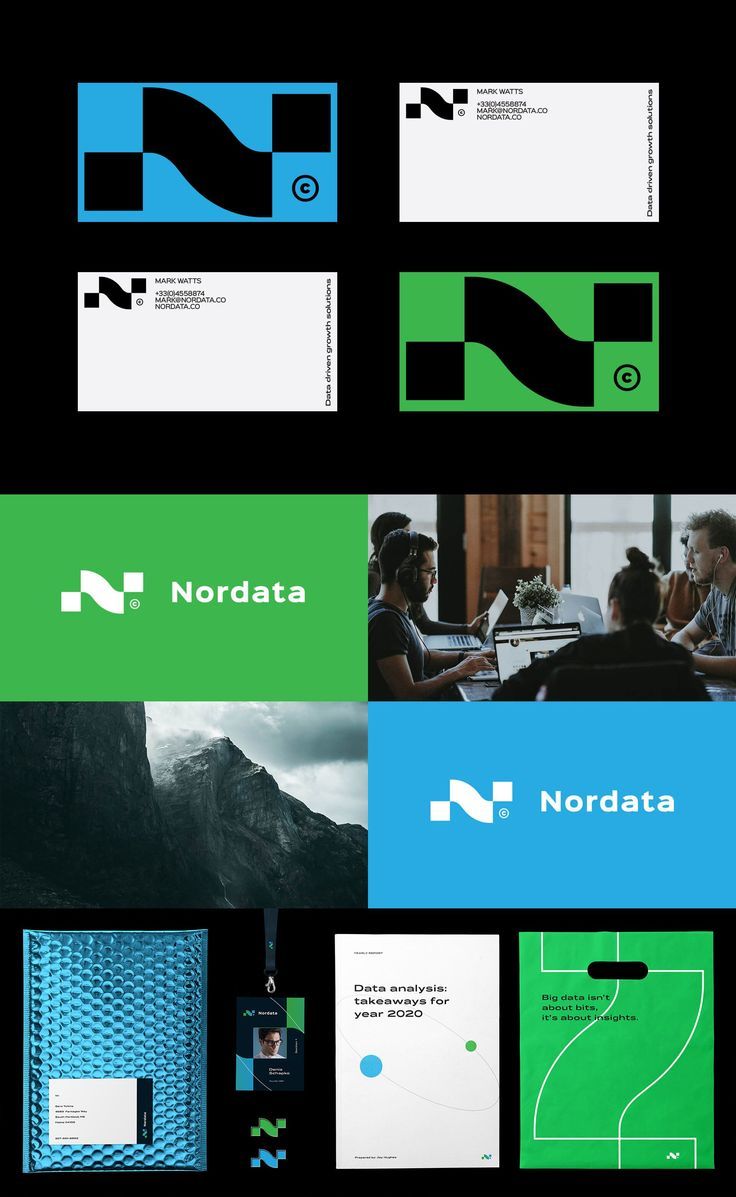 several different logos and business cards on a black background with green, blue and white colors